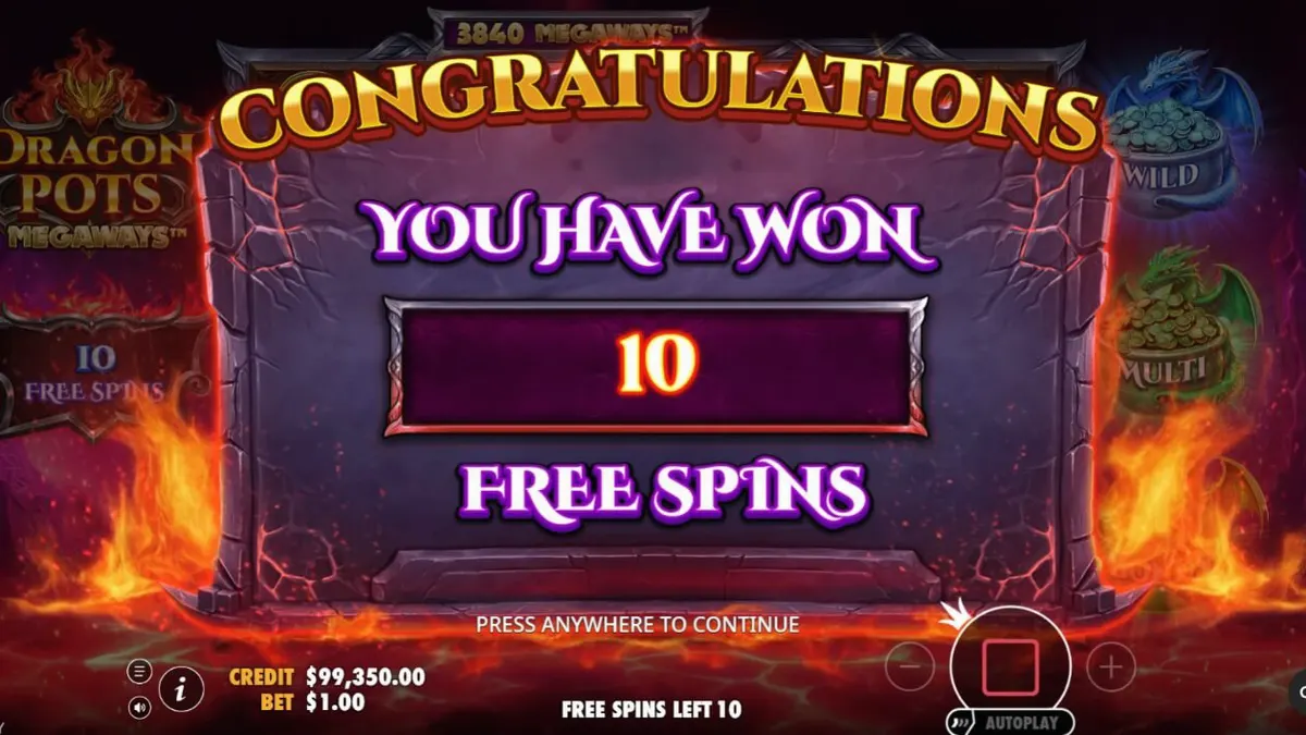 Dragon Pots Megaways slot machine interface featuring dragon theme