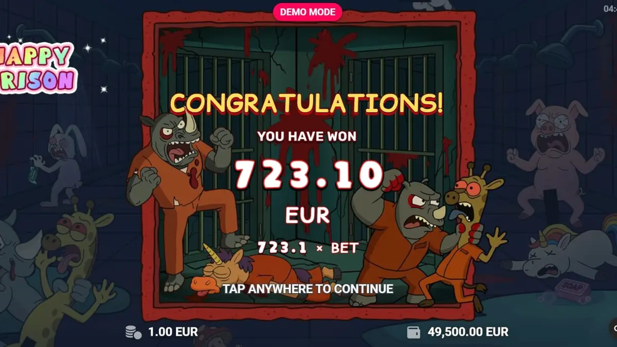 Tampilan visual slot Happy Prison dengan karakter kartun dan elemen penjara